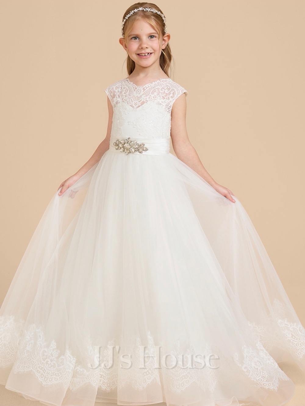 JJs House Ivory Lace Tulle Flower Girl / CommunionBall Gown with Satin Waistband